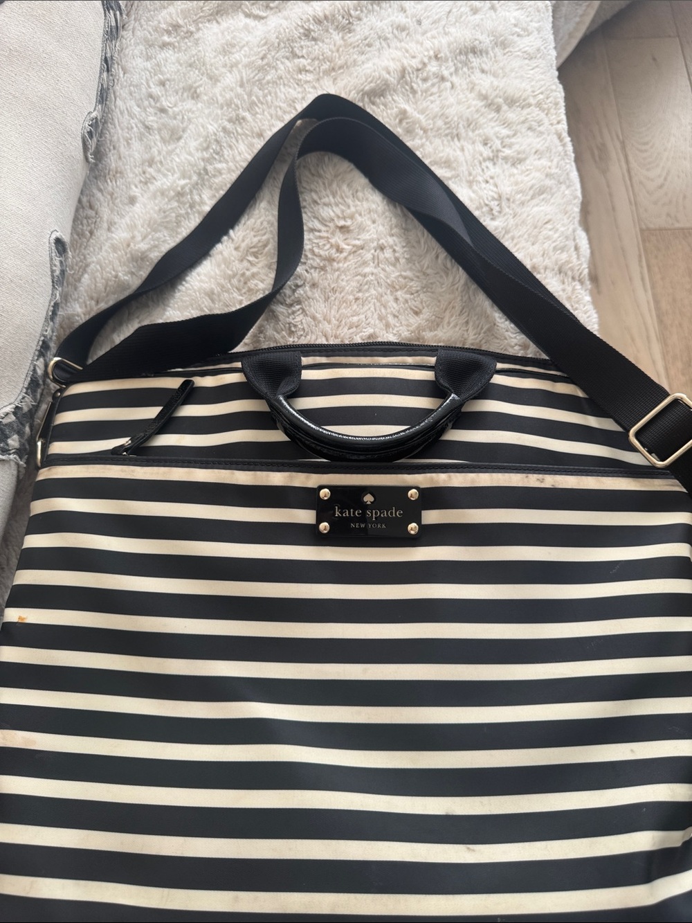 kate spade Black and White Striped laptop Tote with Adjustable Strap